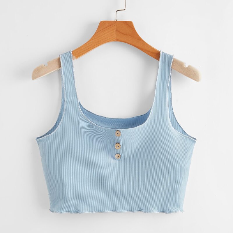 Button Lettuce Trim Crop Tank, Baby blue