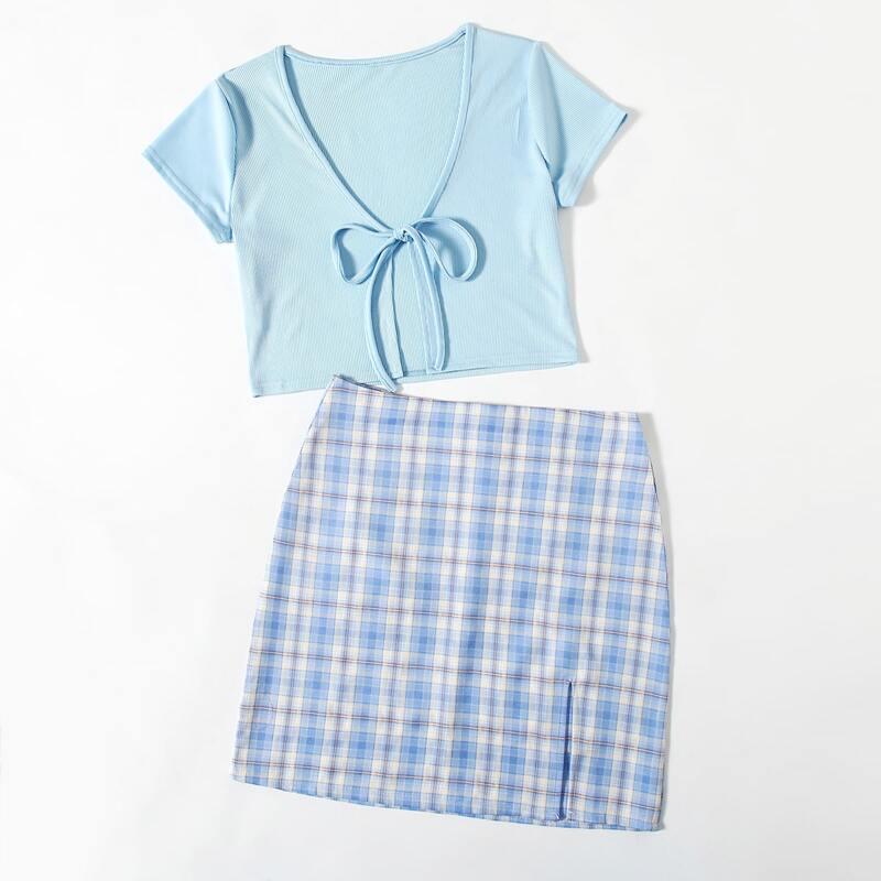 

Tie Front Top & Plaid Split Skirt, Multicolor