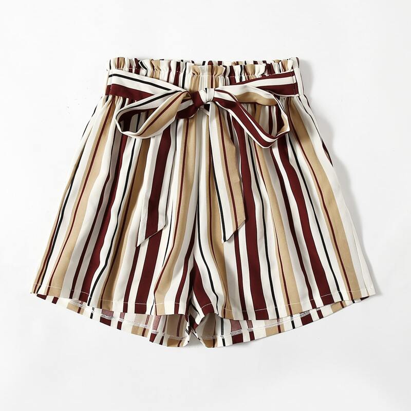 

Striped Paperbag Waist Belted Shorts, Multicolor