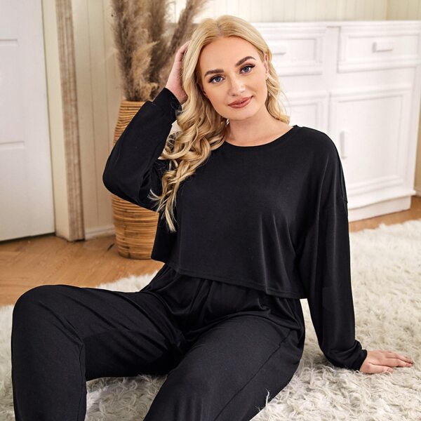

Plus Drop Shoulder Solid Pajama Set, Black