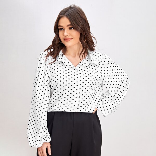 

Plus Polka Dot Button Up Bishop Sleeve Blouse, White