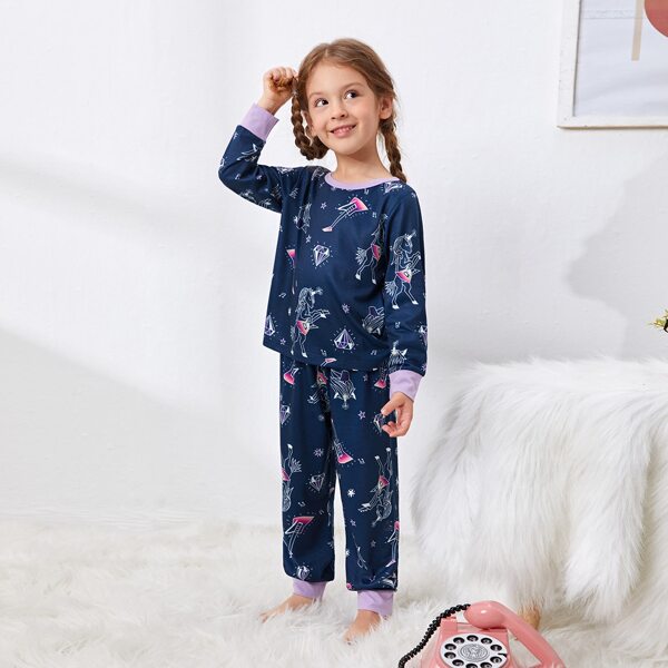 

Toddler Girls Cartoon Unicorn Print PJ Set, Navy blue