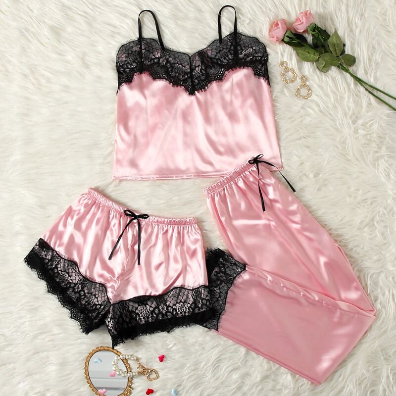 

3pack Eyelash Lace Trim Satin PJ Set, Dusty pink