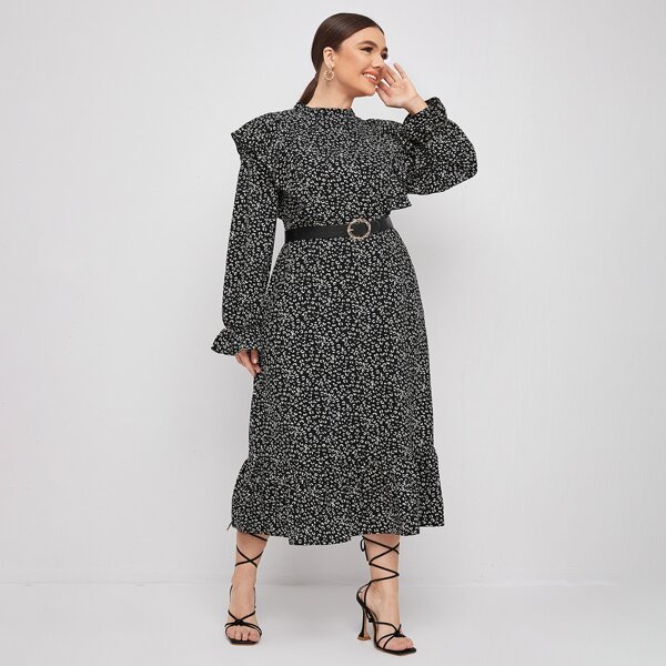 

Plus Allover Print Ruffle A-line Dress Without Belted, Black