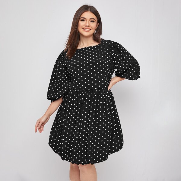 

Plus Polka Dot Smock Dress, Black