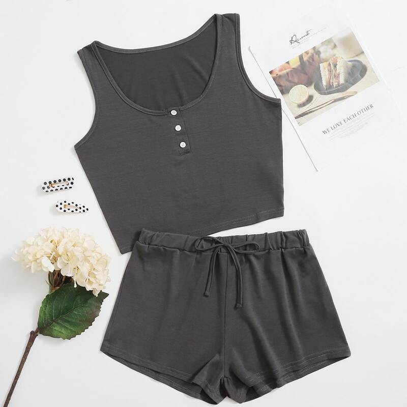 

Button Front Tank Top With Knot Shorts Lounge Set, Dark grey