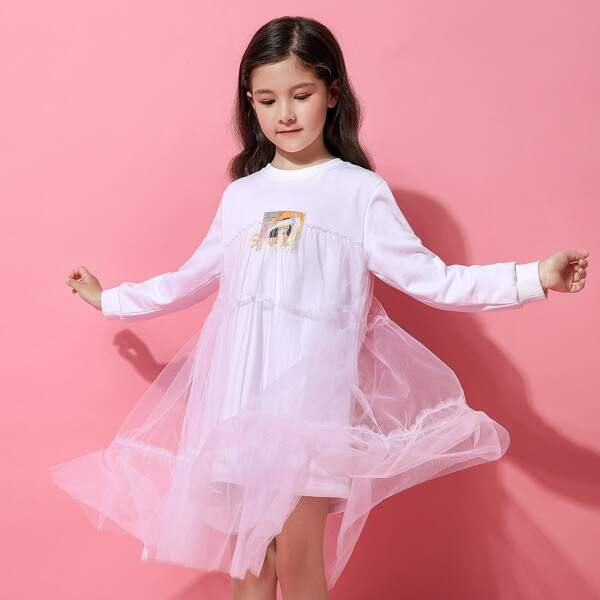 

Girls Figure Graphic Contrast Mesh Sweatshirt Dress, White