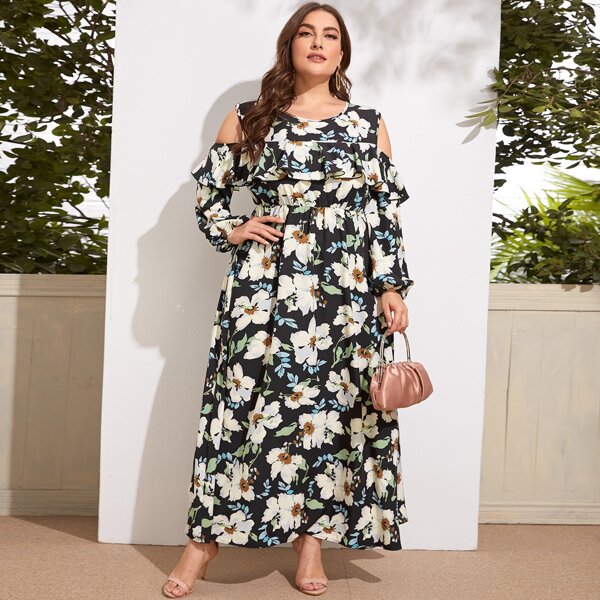 

Plus Allover Floral Cold Shoulder Ruffle A-line Dress, Multicolor