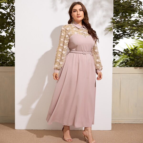 

Plus Contrast Floral Embroidered Belted Shirt Dress, Dusty pink