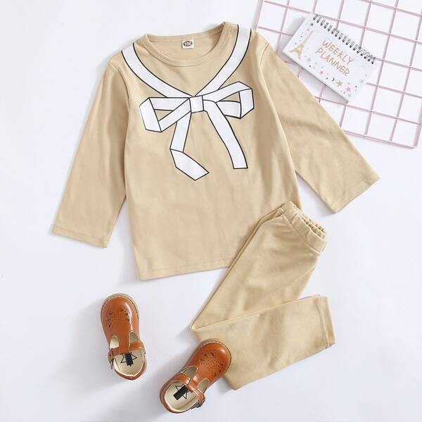 

Toddler Girls Bow Print Tee With Sweatpants, Khaki