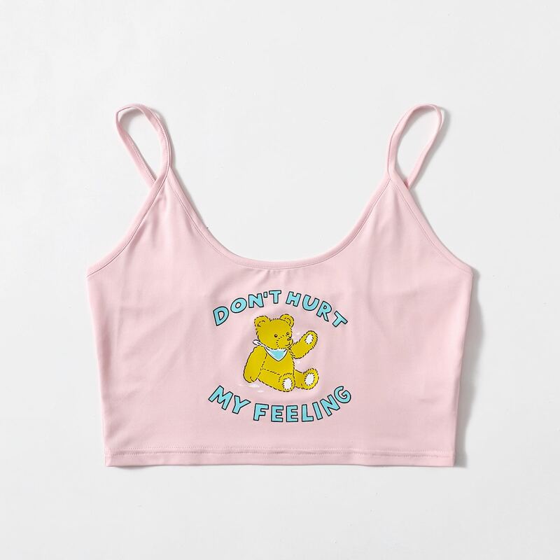

Cartoon Bear Print Crop Cami, Baby pink