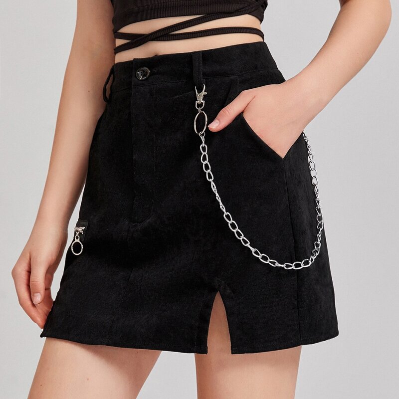 

Solid Split Skirt With Chain, Black