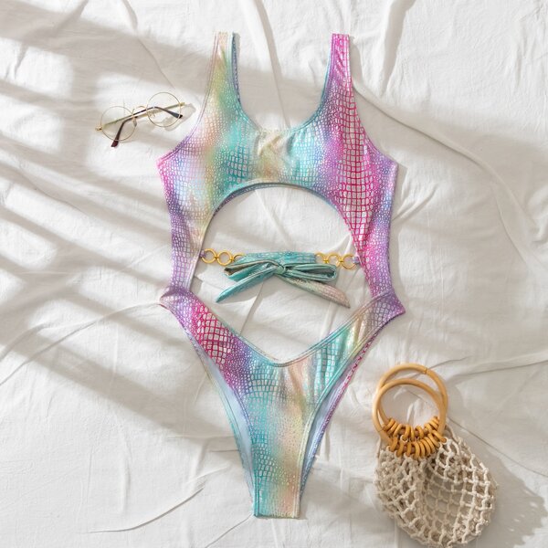 

Croc Pattern Metallic Cut-out Knot One Piece Swimsuit, Multicolor