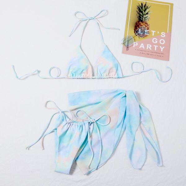 

3pack Tie Dye Triangle Bikini Swimsuit & Beach Skirt, Multicolor