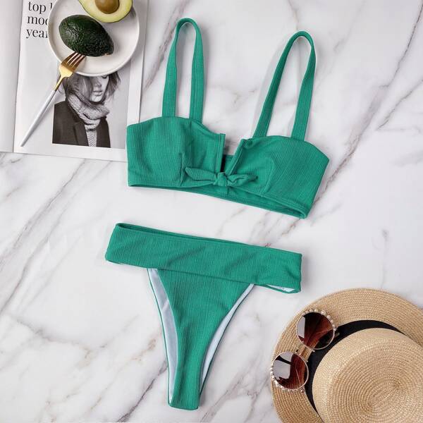 

Knot Front Ribbed V Wired Bikini Swimsuit, Green