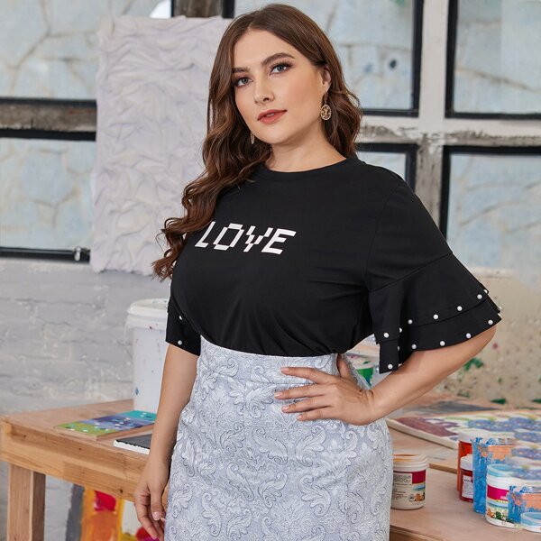 

Plus Letter Graphic Beaded Flounce Sleeve Tee, Black