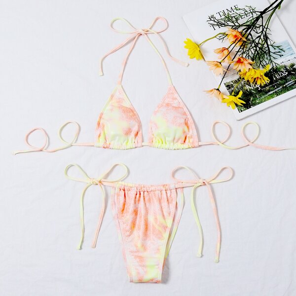 

Tie Dye Triangle Tie Side Bikini Swimsuit, Multicolor