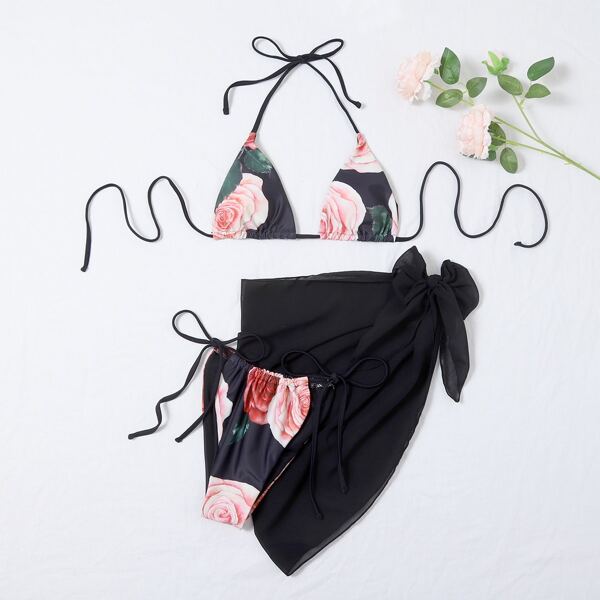

3pack Random Floral Micro Triangle Bikini Swimsuit, Multicolor