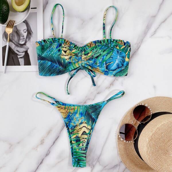 

Tropical Drawstring Decor Thong Bikini Swimsuit, Multicolor