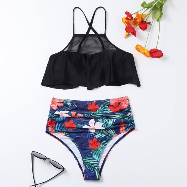 

Tropical & Floral Contrast Mesh Bikini Swimsuit, Multicolor