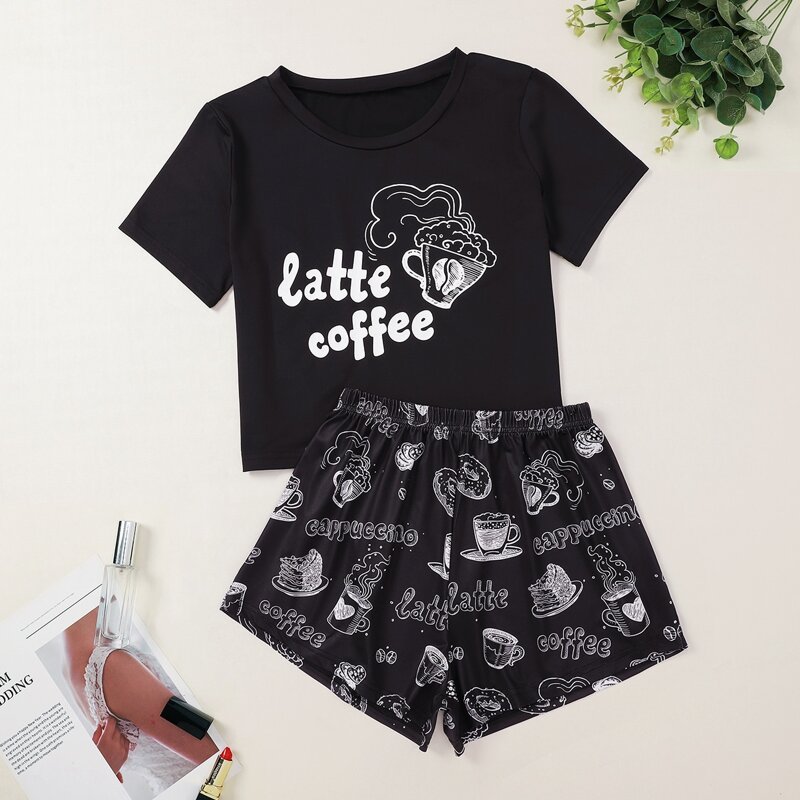 

Letter & Cartoon Pajama Set, Black