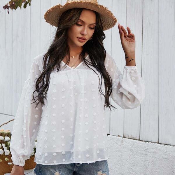 

Swiss Dot Bishop Sleeve Blouse, White