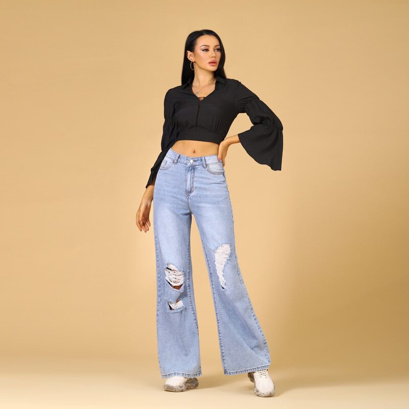 

Flounce Sleeve Solid Crop Blouse, Black