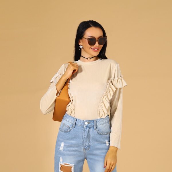 

Velvet Ruffle Trim Solid Tee, Apricot