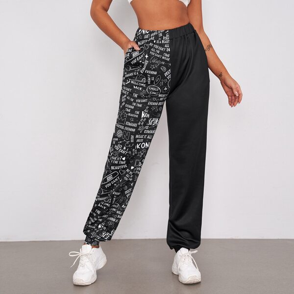 

Letter Graphic Slant Pocket Sweatpants, Black