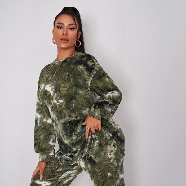 

Drop Shoulder Tie Dye Longline Pullover, Army green