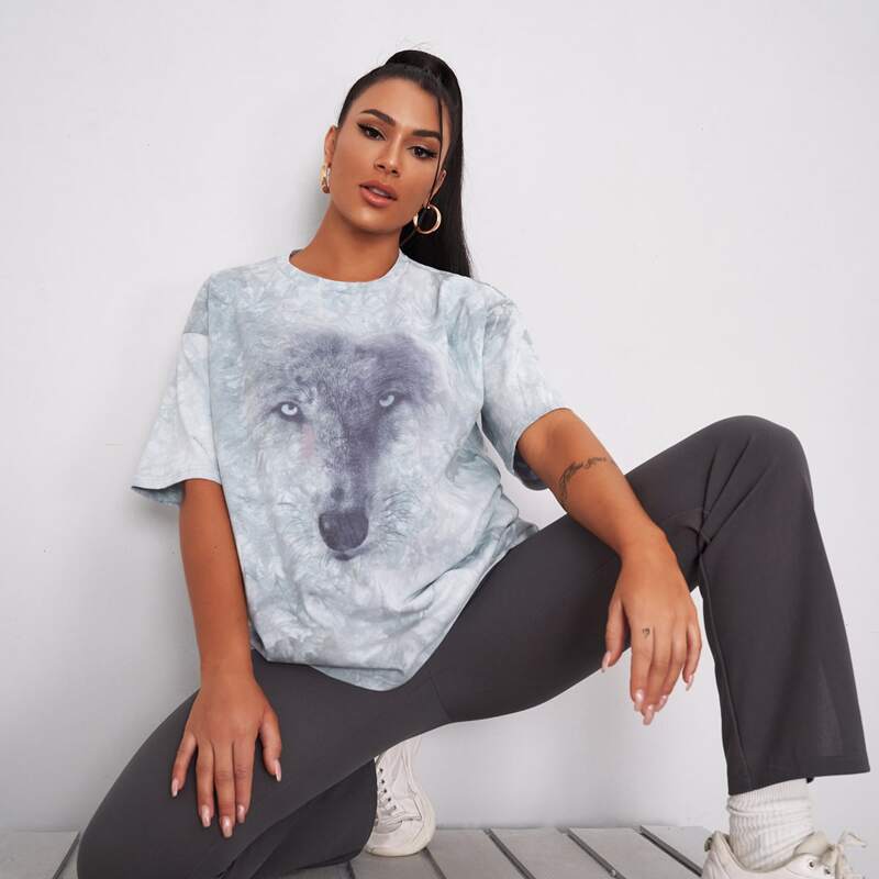 

Wolf Print Tie Dye Tee, Grey