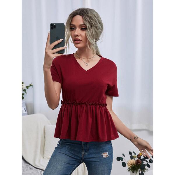 

Frill Trim Drop Shoulder Babydoll Tee, Burgundy