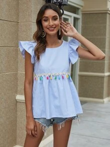 Striped Tie Backless Peplum Blouse - Blue and White - View 6