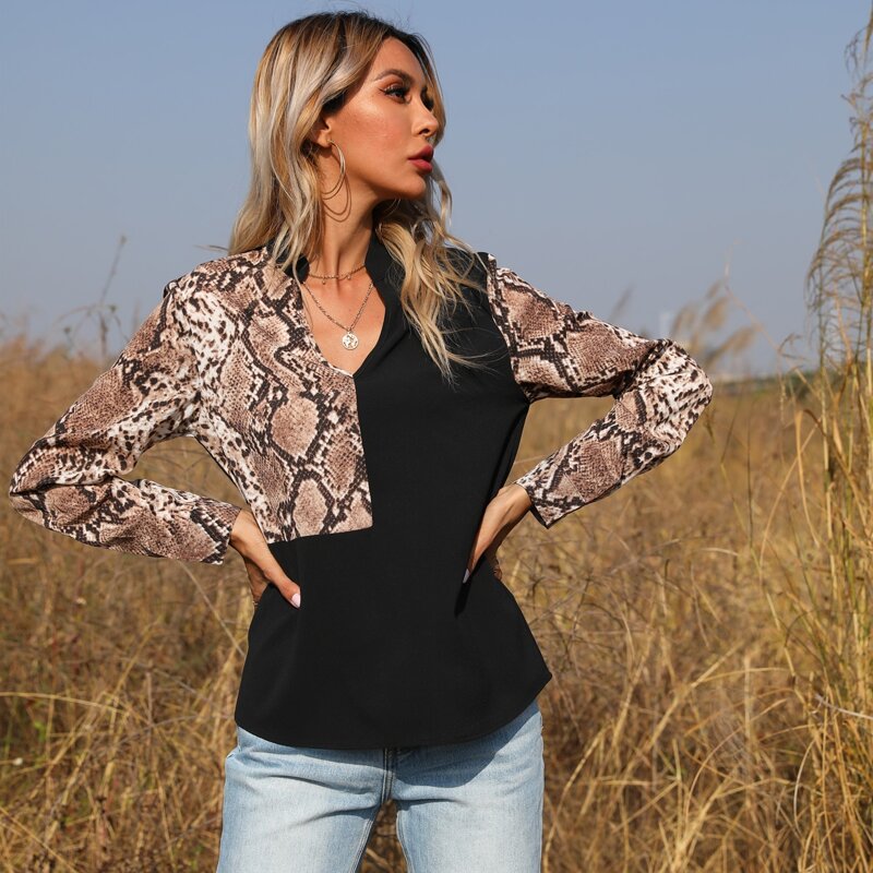 

Snakeskin Spliced Notched Blouse, Black