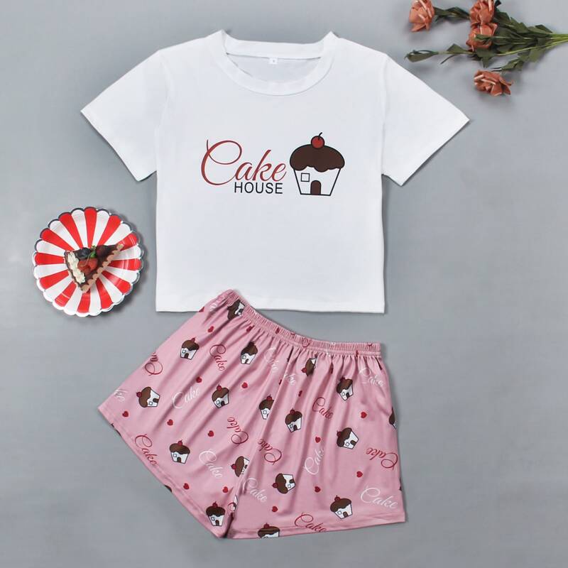 

Cake & Letter Graphic Pajama Set, Multicolor
