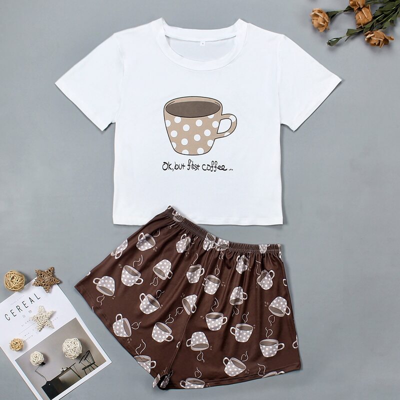 

Slogan & Coffee Print Pajama Set, Multicolor