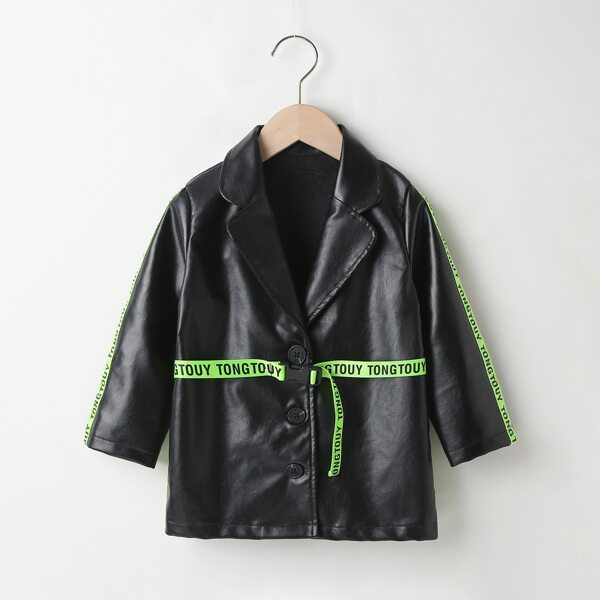 

Toddler Girls PU Letter Tape Panel Buckle Belted Coat, Black