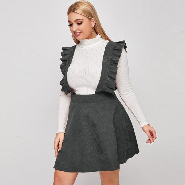 

Plus Corduroy Ruffle Trim Overall Dress, Dark grey