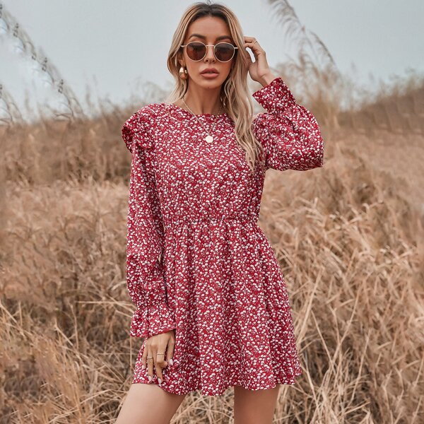 

Ditsy Floral A-line Dress, Red and white