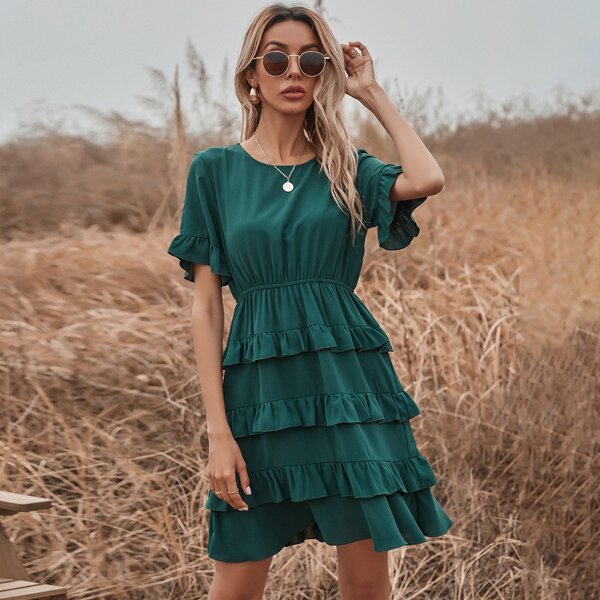 

Solid Flounce Sleeve Layered Hem Dress, Dark green
