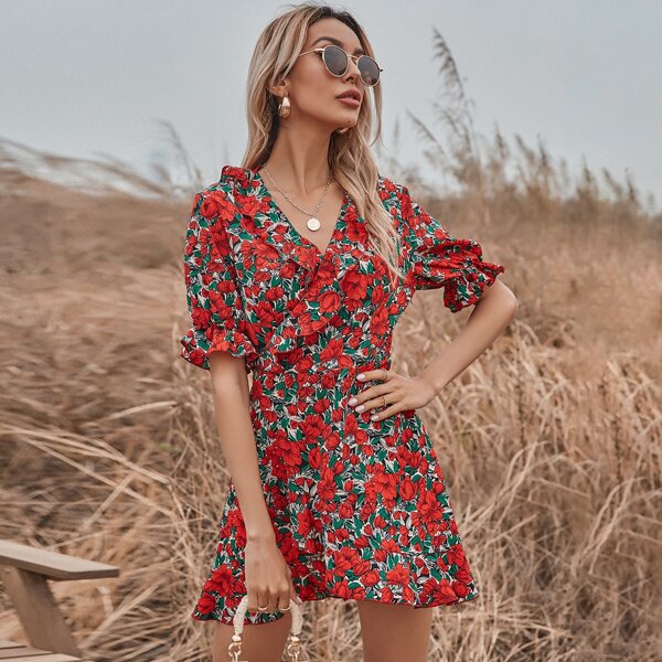 

Allover Floral Print Ruffle Trim V-neck Dress, Multicolor