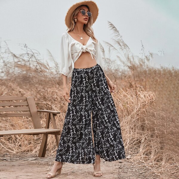 

Ditsy Floral Wide Leg Pants, Black