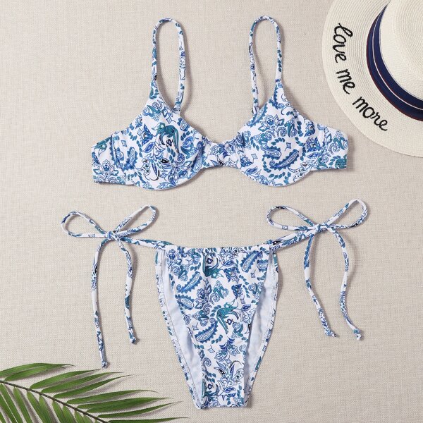 

Paisley Underwire Tie Side Bikini Swimsuit, Blue and white