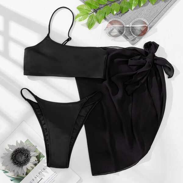

3pack One Shoulder Bikini Swimsuit & Beach Skirt, Black