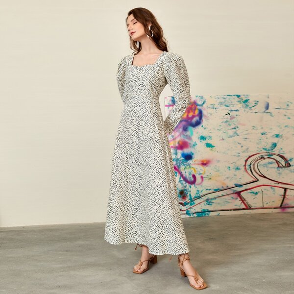 

Square Neck Puff Sleeve Ditsy Floral Dress, Multicolor