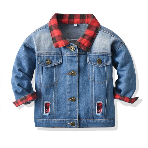 

Toddler Girls Gingham Panel Ripped Denim Jacket, Medium wash