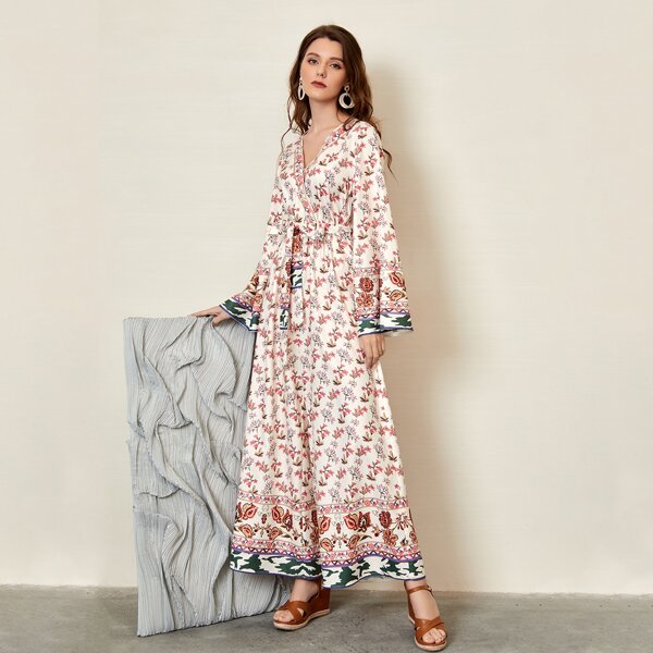 

Bell Sleeve Self Belted Wide Leg Floral Jumpsuit, Multicolor