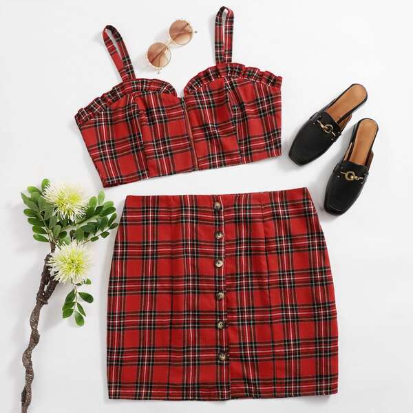 

Plus Tartan Print Frill Trim Cami Top & Skirt, Burgundy