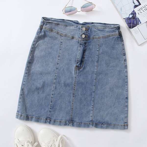 

Plus Notch Waist Straight Denim Skirt, Light wash