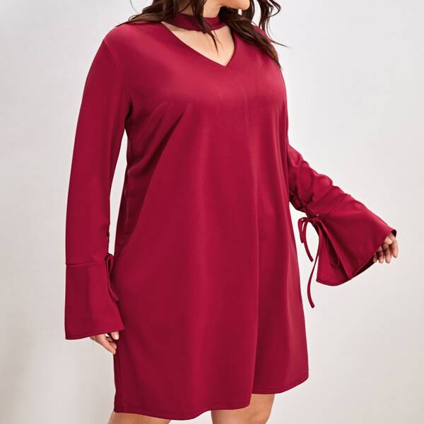 

Plus Keyhole Neck Flounce Sleeve Tee Dress, Maroon